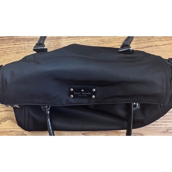 Kate Spade NY Black Nylon Purse Patent Leather Straps Carmen Fold Over Bag - Picture 5 of 16